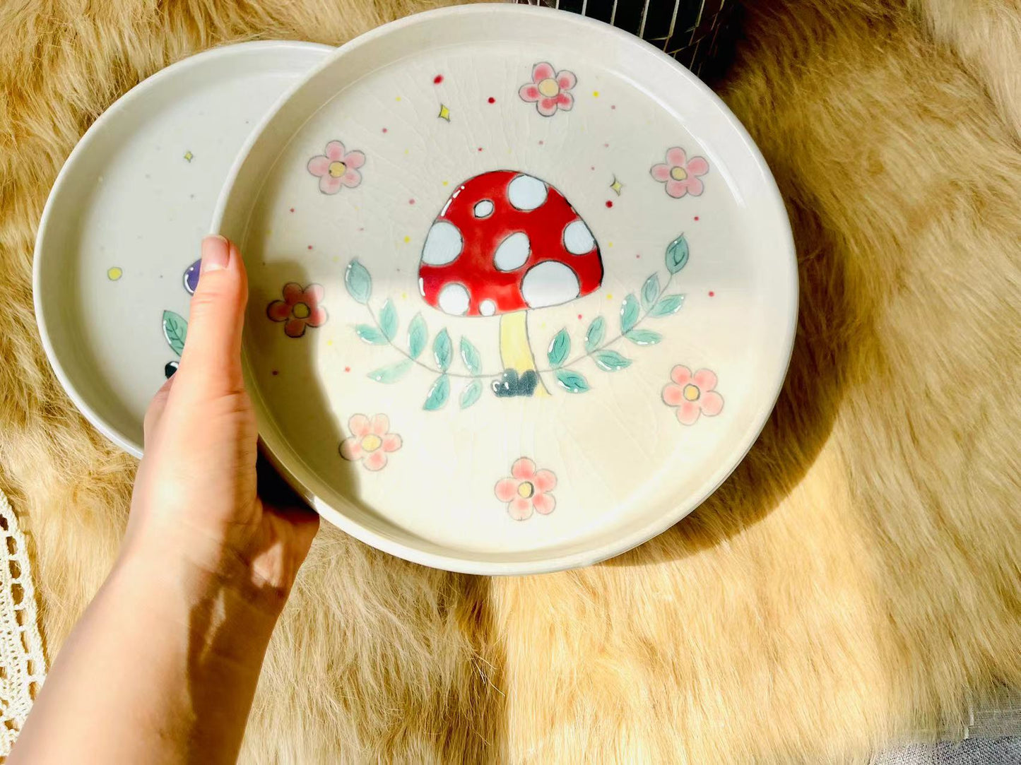 Handcrafted Mushroom Ceramic Plate, Personalized Floral Handmade Pottery Dinnerware for Gifts