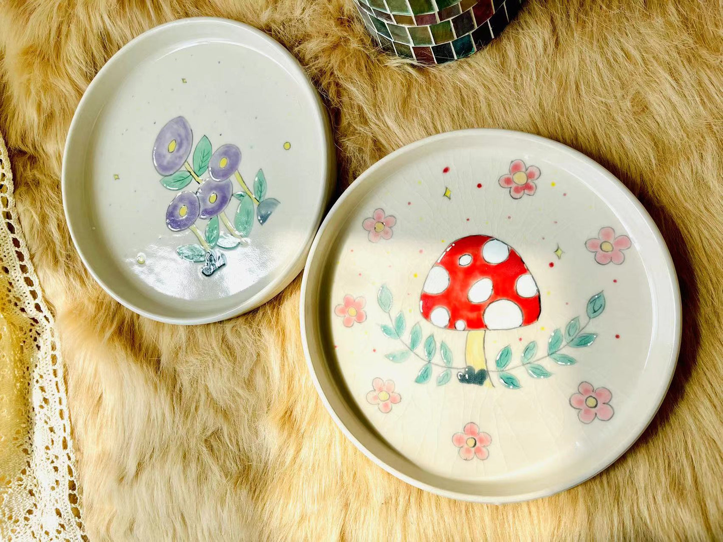 Handcrafted Mushroom Ceramic Plate, Personalized Floral Handmade Pottery Dinnerware for Gifts