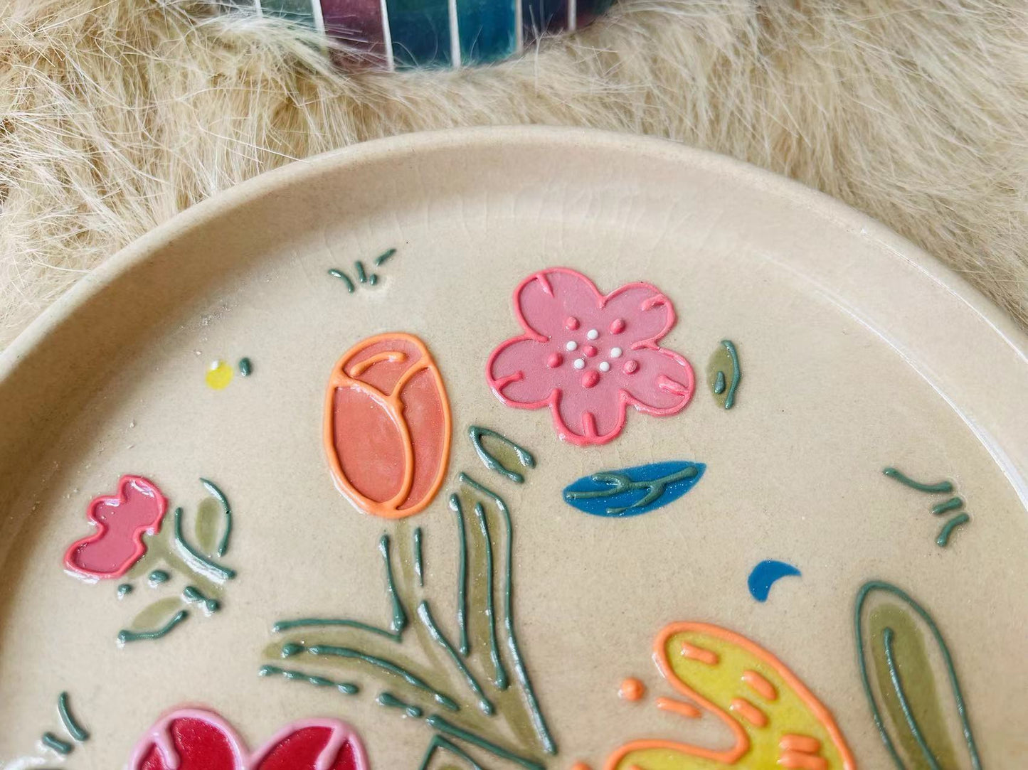 Hand-painted Floral Ceramic Plate, Personalized Handmade Cute Pottery Dinnerware for Gifts