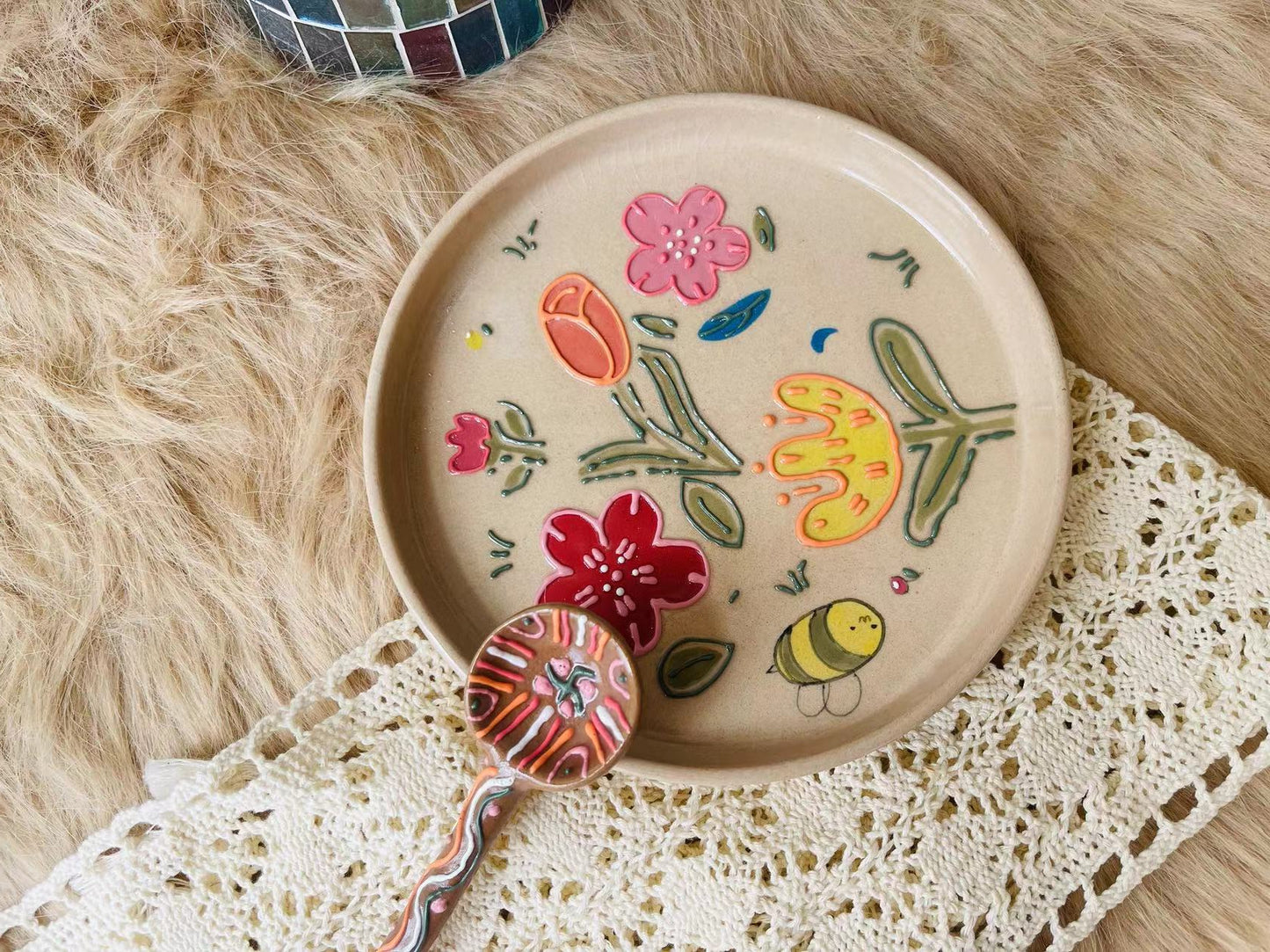Hand-painted Floral Ceramic Plate, Personalized Handmade Cute Pottery Dinnerware for Gifts