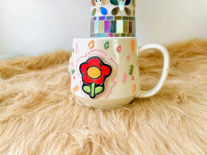 Handcrafted Ceramic Mug with Colorful 3D Floral Design - Unique & Artistic Coffee Cup