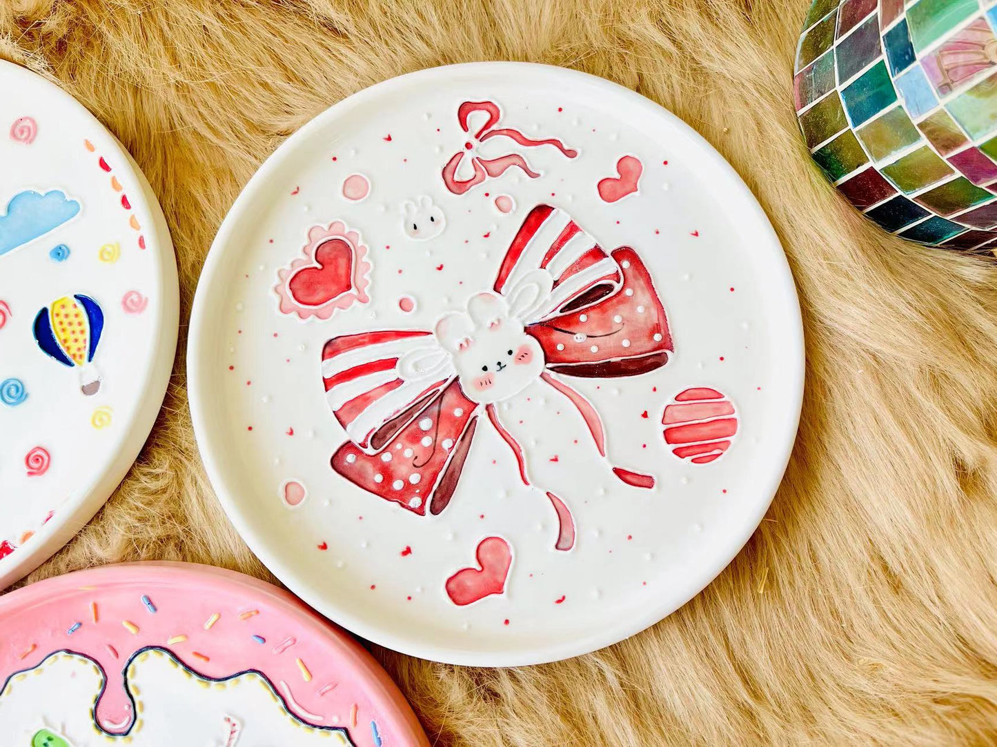 Hand-painted Cartoon Ceramic Plate, Personalized Pink Handmade Pottery Dinnerware for Gifts