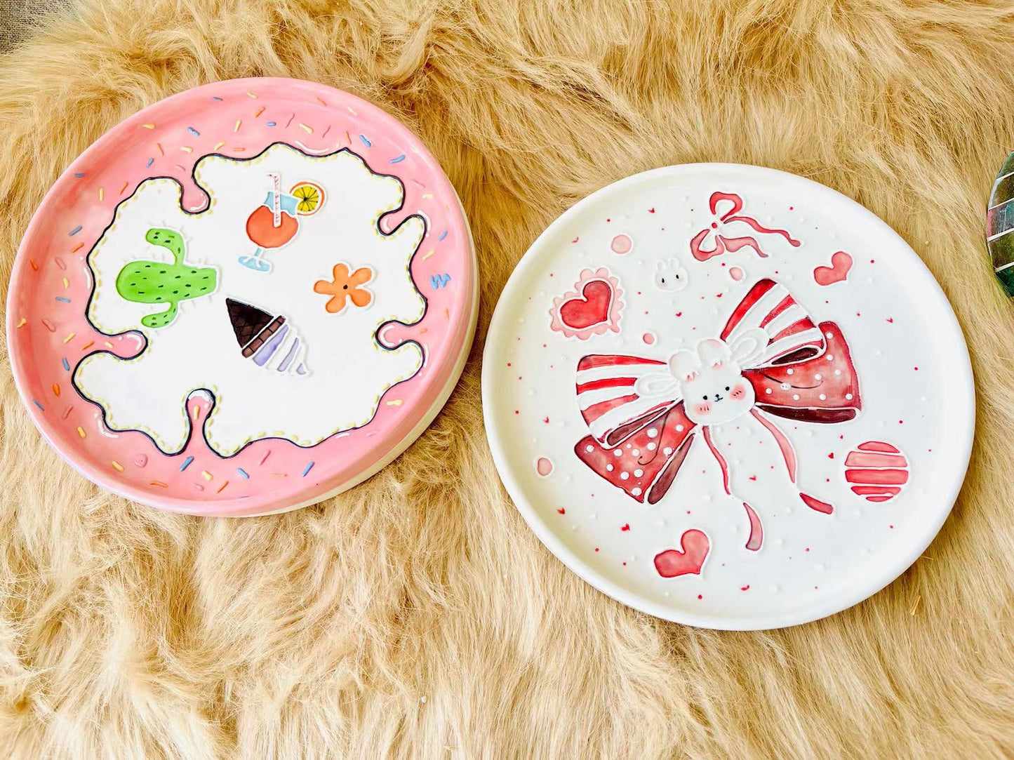 Hand-painted Cartoon Ceramic Plate, Personalized Pink Handmade Pottery Dinnerware for Gifts
