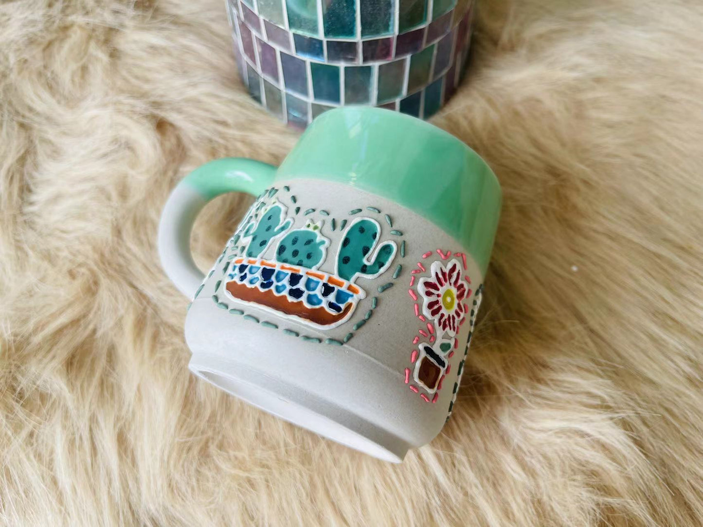 Cactus Hand-painted Ceramic Coffee Mug, Personalized Handmade Pottery Mug for Gifts