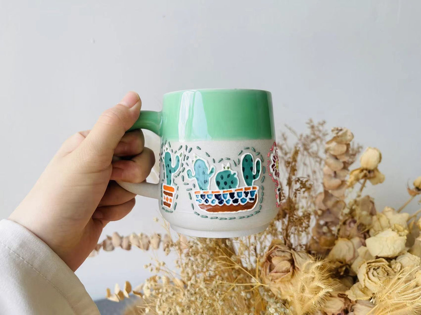 Handcrafted Ceramic Mug with Cactus Design – Colorful Pottery Coffee Cup