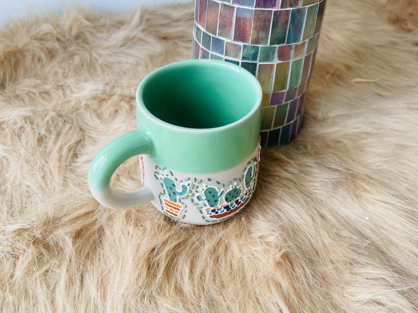 Handcrafted Ceramic Mug with Cactus Design – Colorful Pottery Coffee Cup