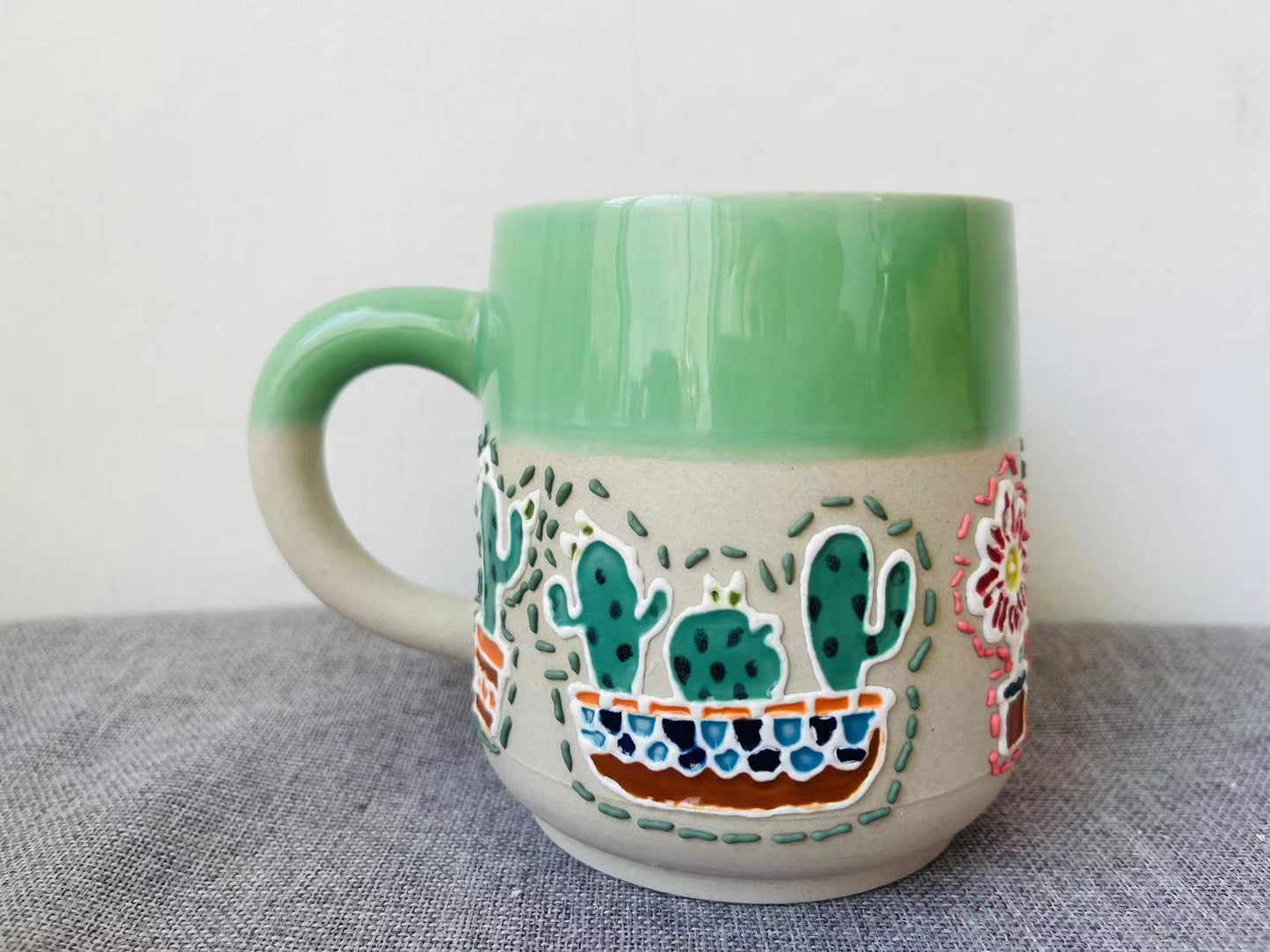 Cactus Hand-painted Ceramic Coffee Mug, Personalized Handmade Pottery Mug for Gifts