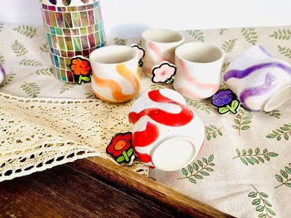 Handcrafted Ceramic Coffee Mug - Flower Handle with Colorful Stripes Design