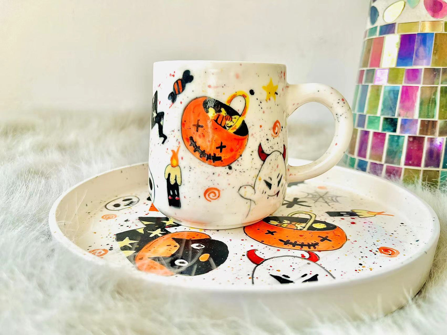 Handpainted Pumpkin Halloween Ceramic Mug, Personalized HandPainted Cute Halloween Ghost Plates