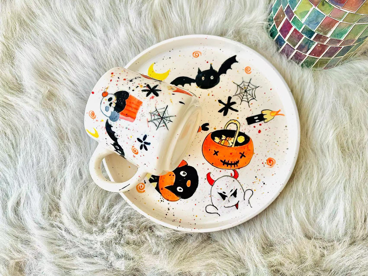 Handpainted Pumpkin Halloween Ceramic Mug, Personalized HandPainted Cute Halloween Ghost Plates