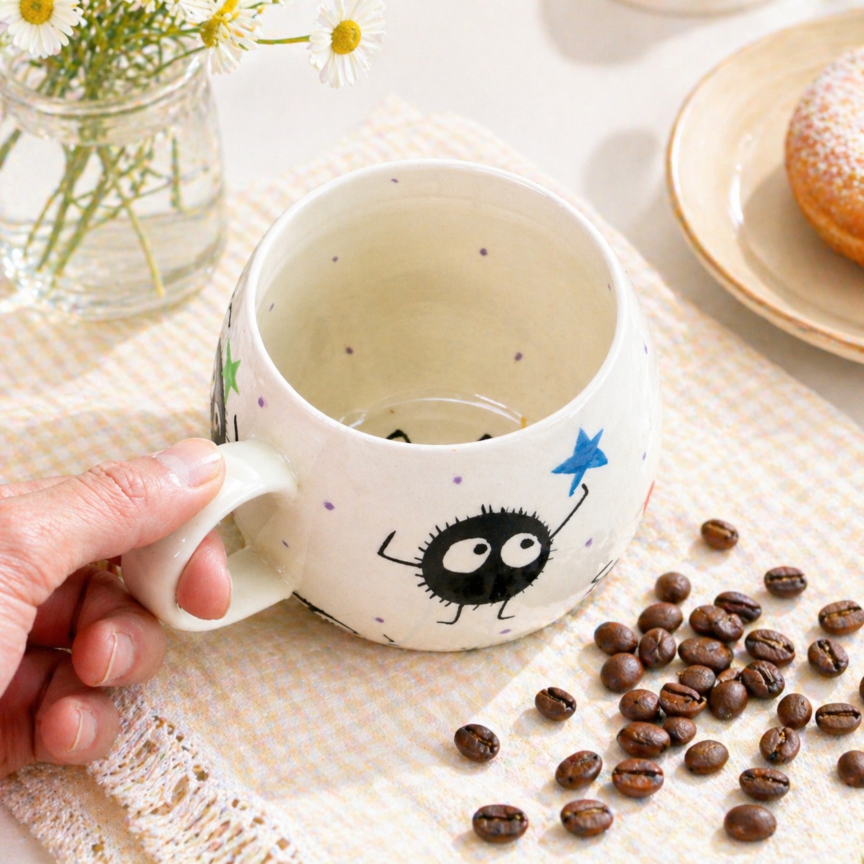 Hand-Painted Soot Sprites Coffee Mug, Cute Ceramic Anime Cup
