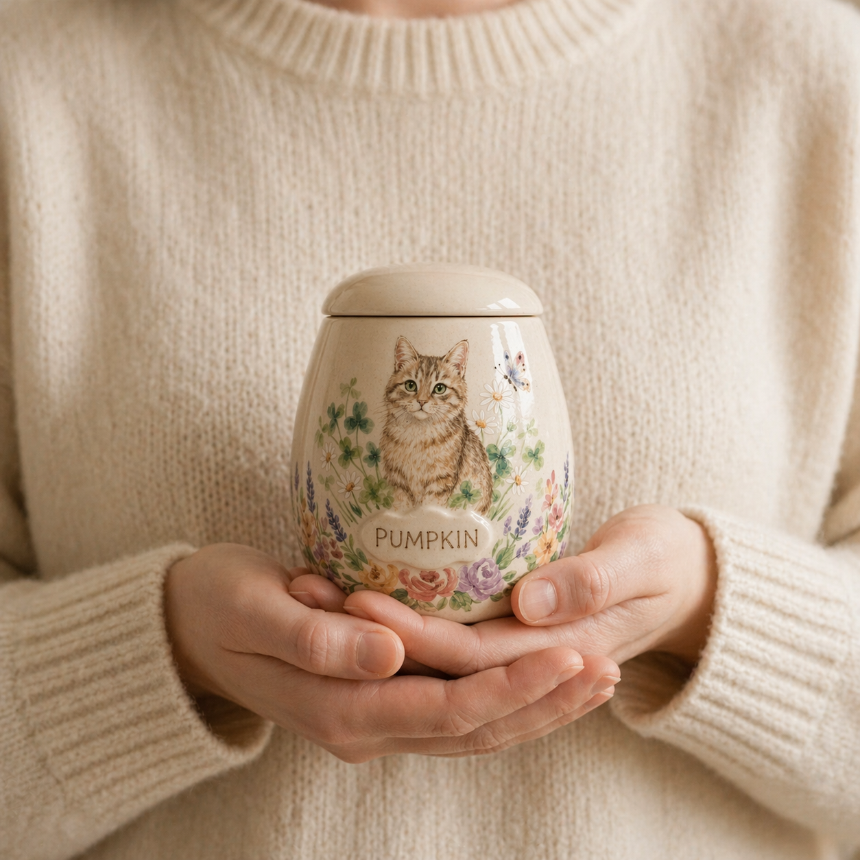 Custom Cat Portrait Ceramic Memorial Urn – Handmade Pet Ashes Keepsake