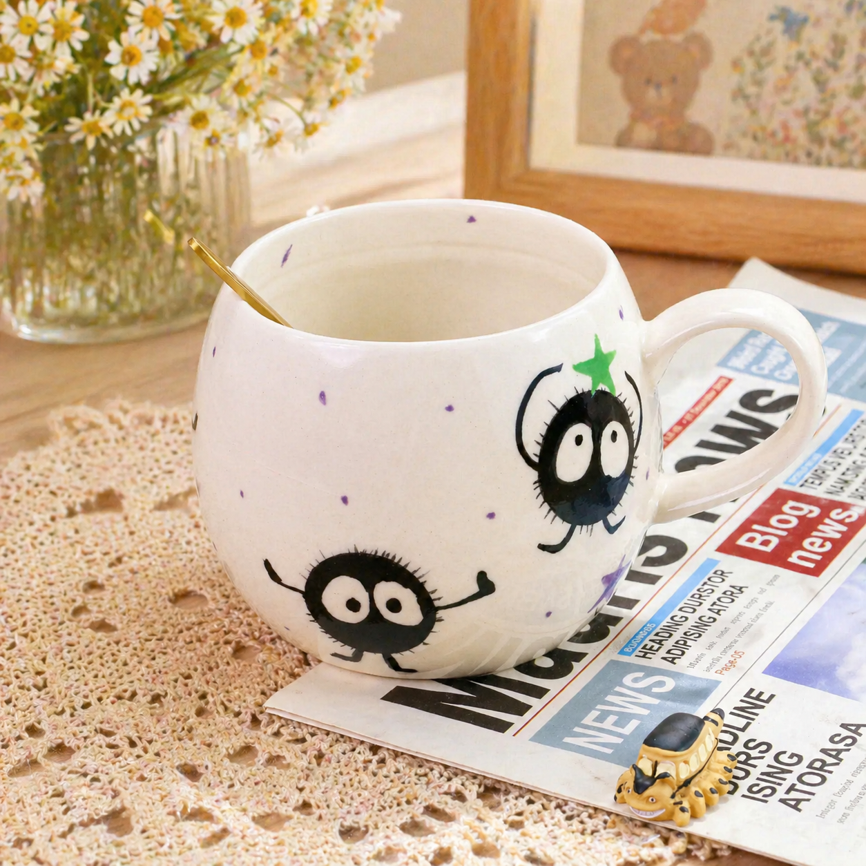 Hand-Painted Soot Sprites Coffee Mug, Cute Ceramic Anime Cup