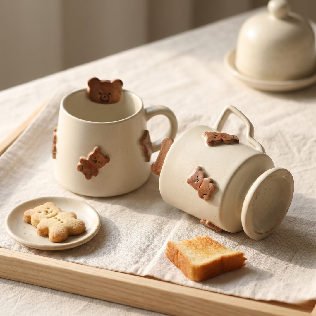 Handmade 3D Bear Coffee Mug – Unique Ceramic Tea Cup with Raised Bear Details