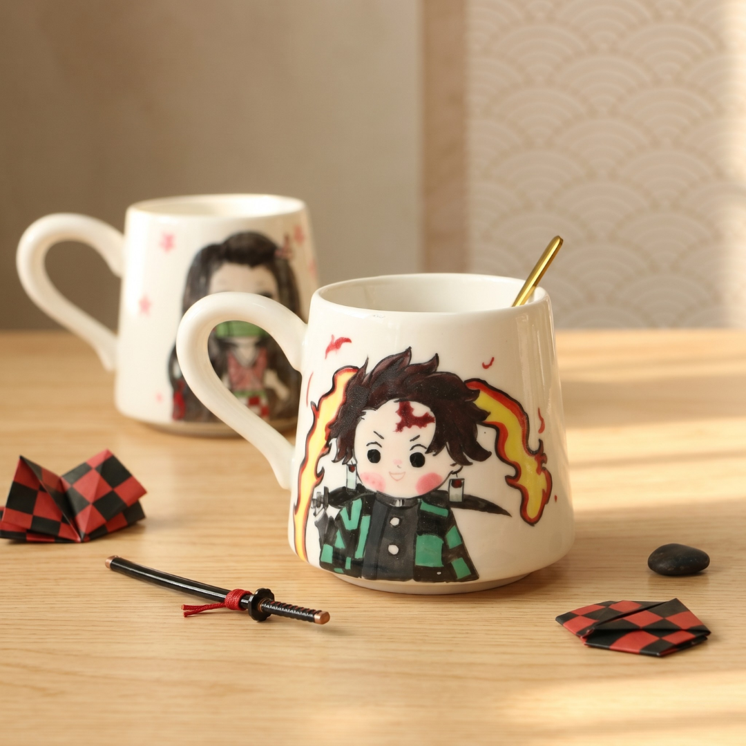 Demon-Slayer Ceramic Mugs Handpainted, Personalized Ceramic Cup for Anime Lovers