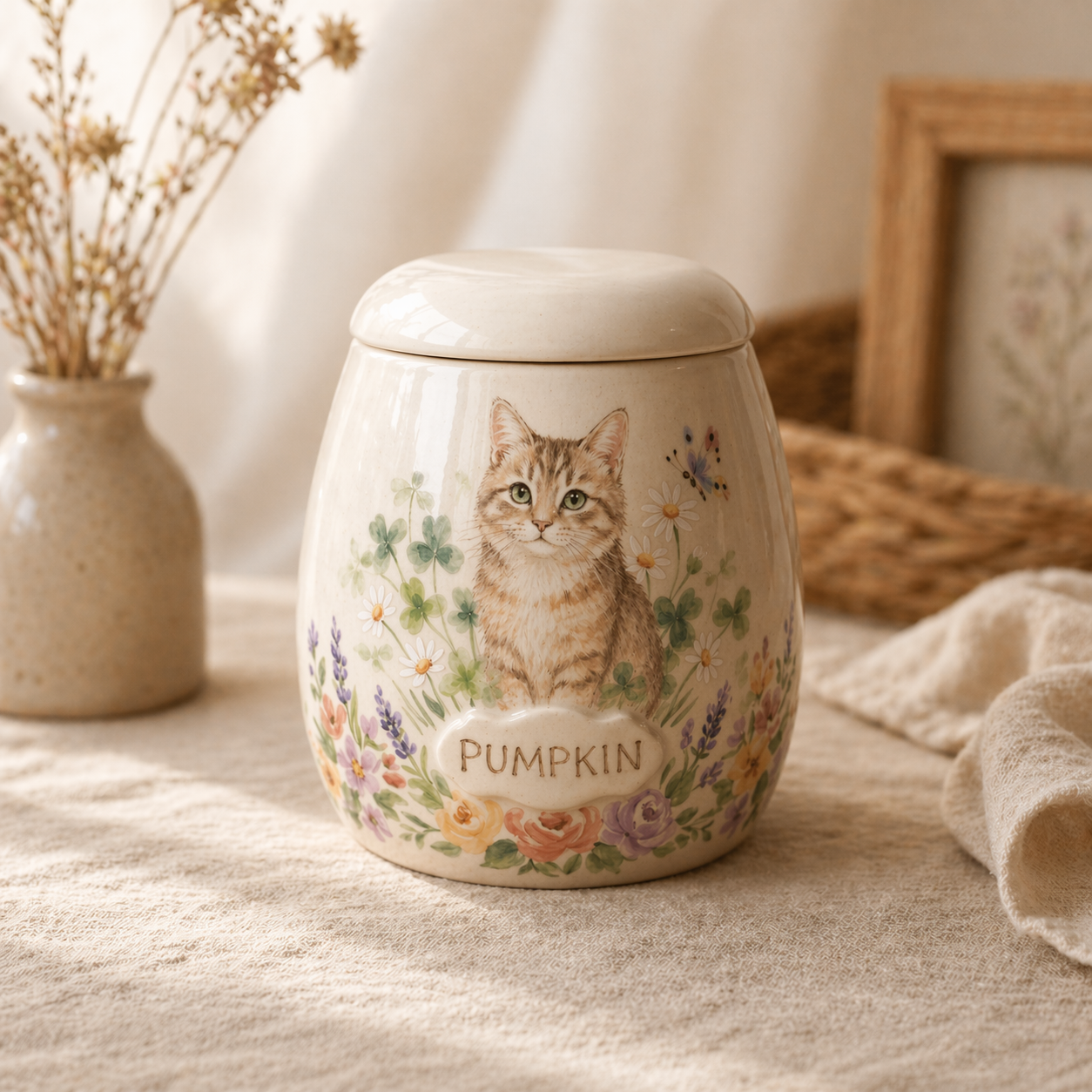 Custom Cat Portrait Ceramic Memorial Urn – Handmade Pet Ashes Keepsake