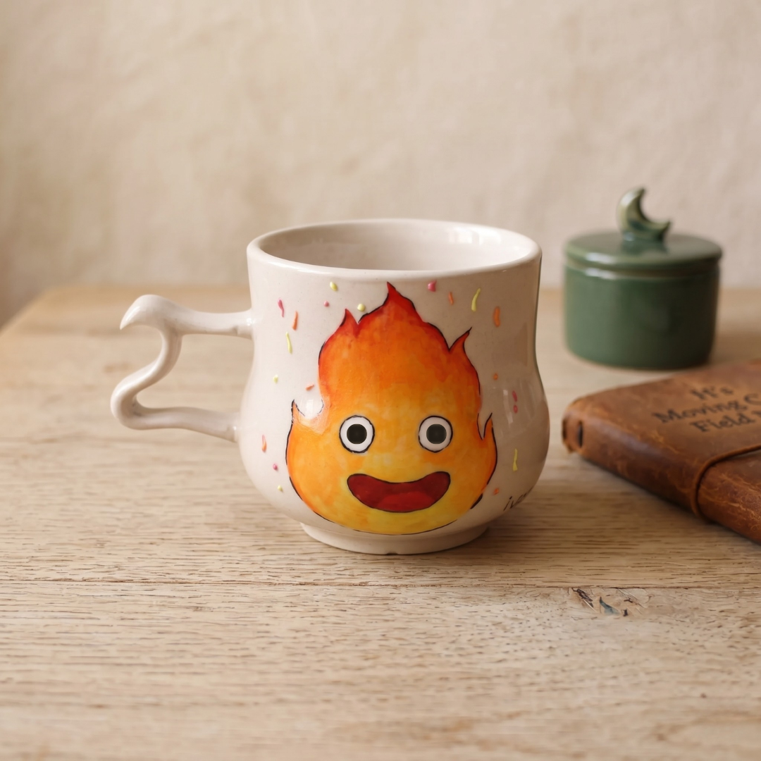 Handmade Calcifer Ceramic Mug – Personalized Pottery Gift for Studio Ghibli Fans