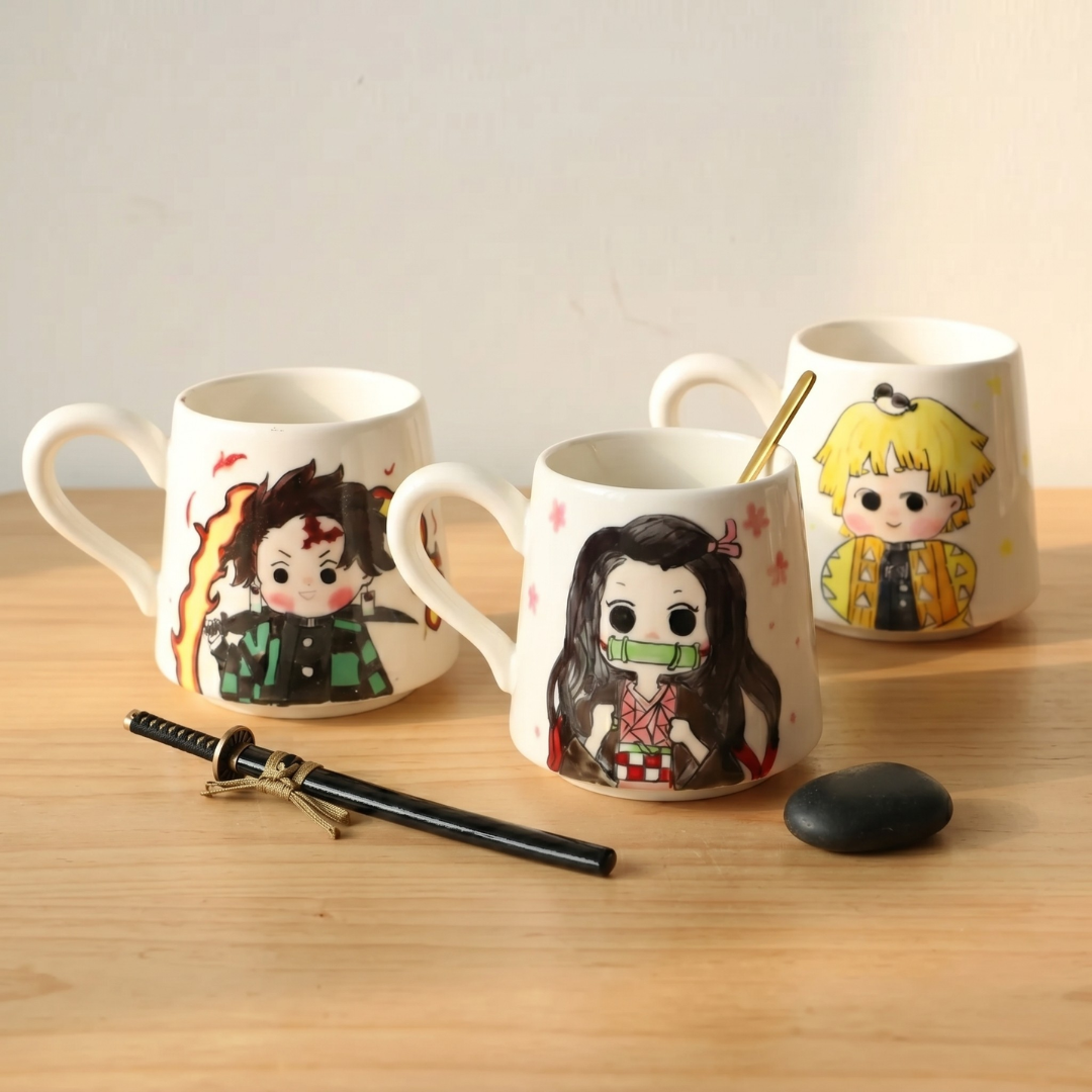 Demon-Slayer Ceramic Mugs Handpainted, Personalized Ceramic Cup for Anime Lovers