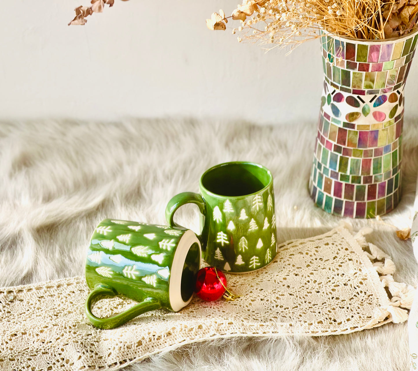 Handmade Ceramic Christmas Green Coffee Mug, Personalized Pottery Tree Mug for Festive Gifts