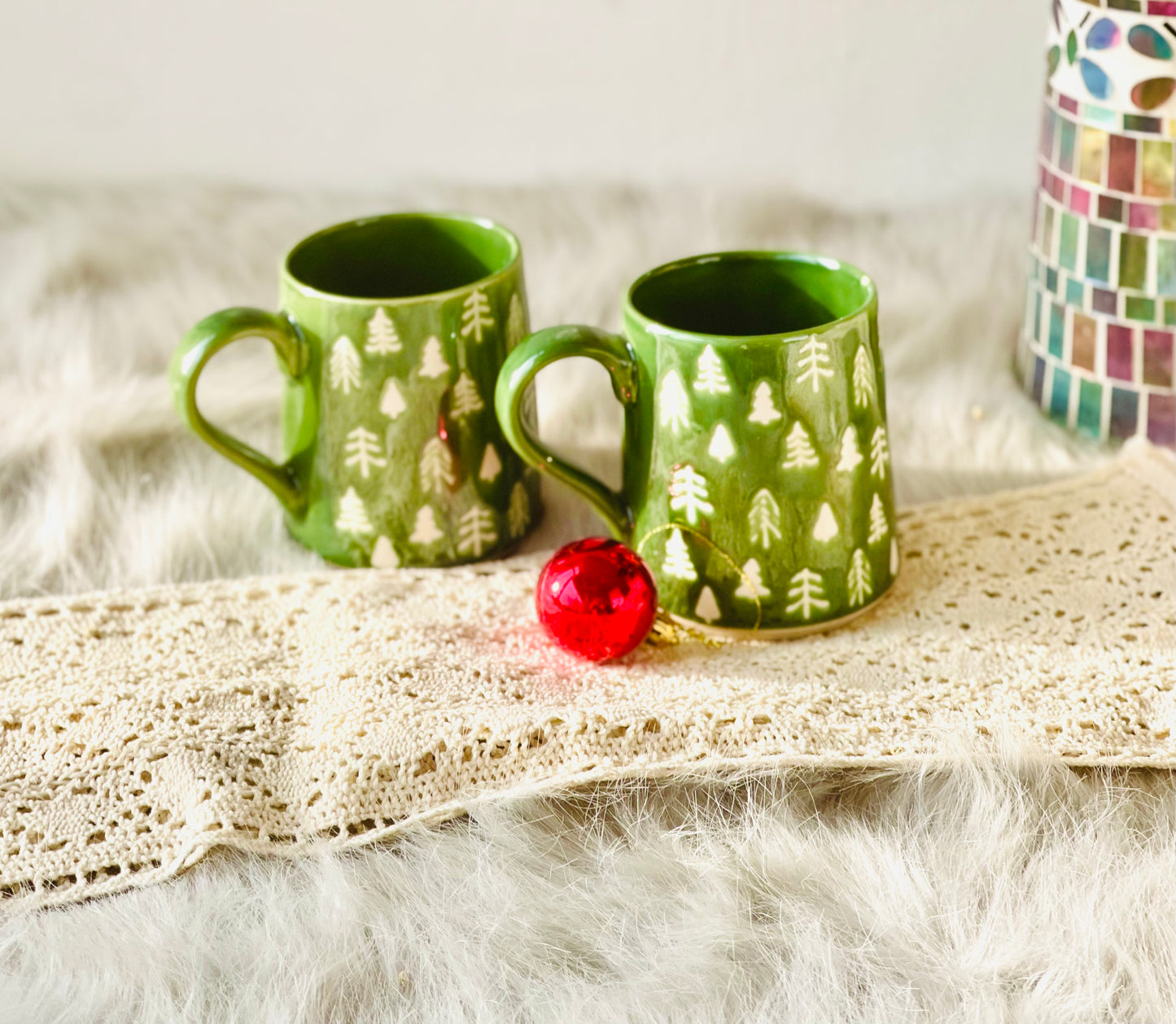 Handmade Ceramic Christmas Green Coffee Mug, Personalized Pottery Tree Mug for Festive Gifts