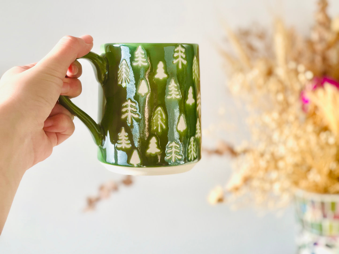 Handmade Ceramic Christmas Green Coffee Mug, Personalized Pottery Tree Mug for Festive Gifts