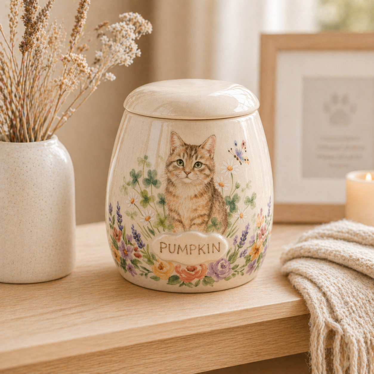 Custom Cat Portrait Ceramic Memorial Urn – Handmade Pet Ashes Keepsake