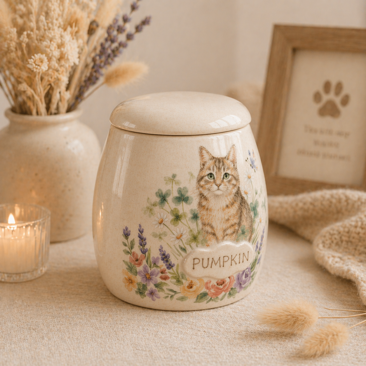 Custom Cat Portrait Ceramic Memorial Urn – Handmade Pet Ashes Keepsake