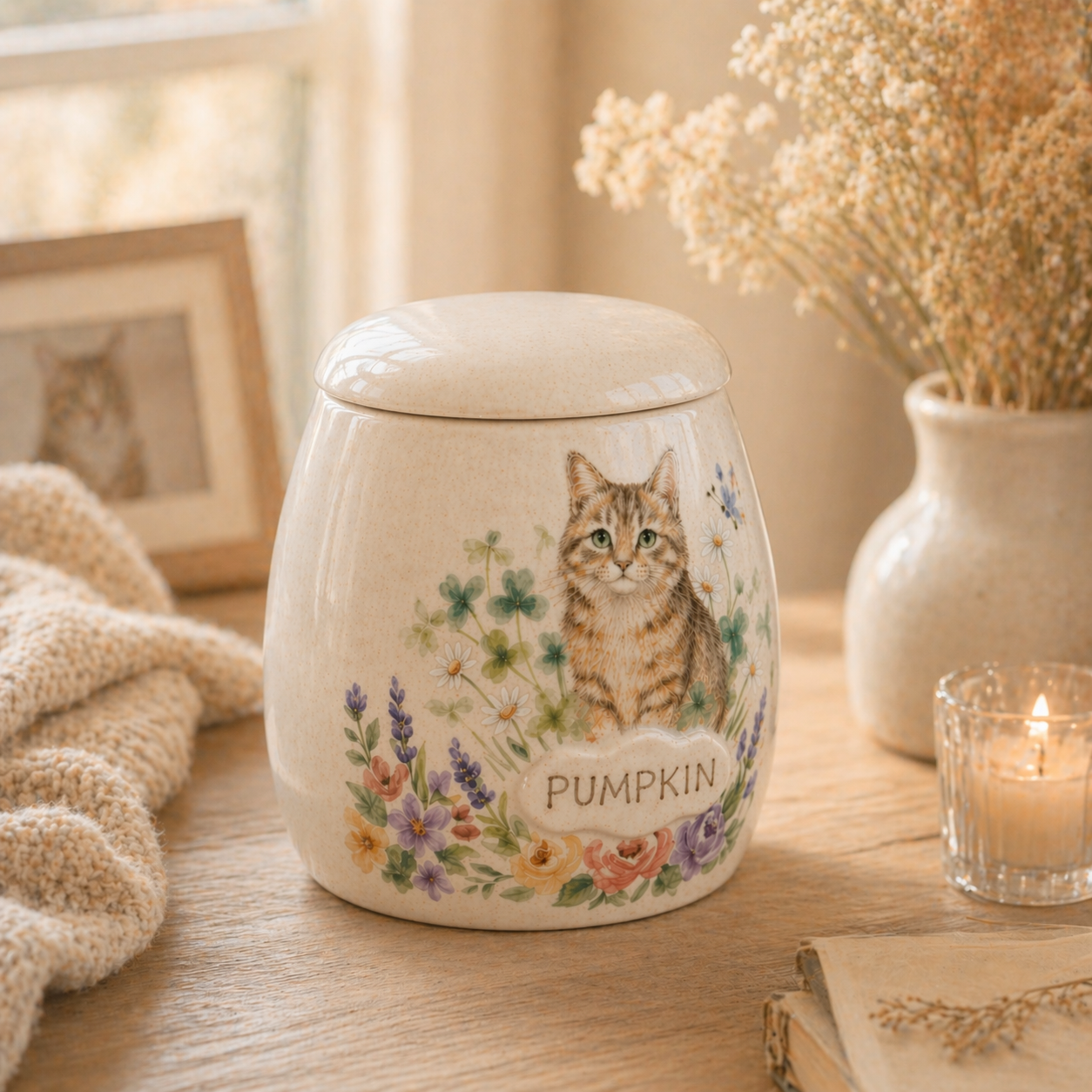 Custom Cat Portrait Ceramic Memorial Urn – Handmade Pet Ashes Keepsake