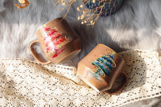 Handpainted Christmas Tree Ceramic Mugs, Personalized Ceramic Cup for Coffee Lovers, Best Christmas Gifts