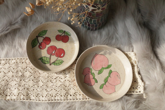 Handpainted Cherry&Peach Ceramic Dinner Plate, Handmade Personalized Pottery Dinnerware