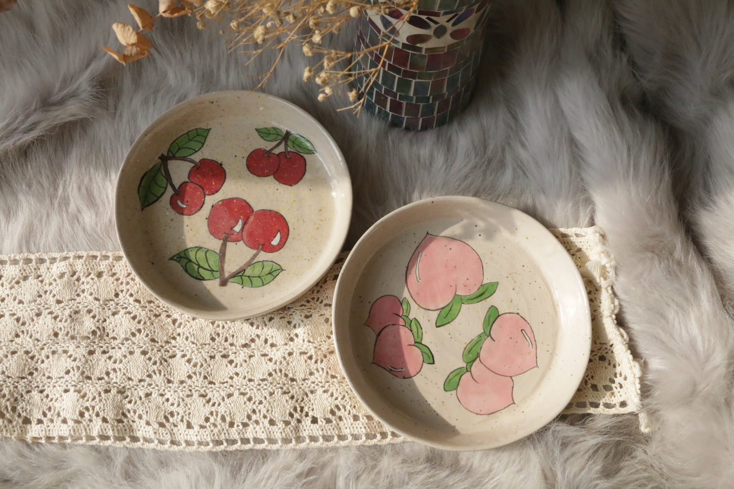 Handpainted Cherry&Peach Ceramic Dinner Plate, Handmade Personalized Pottery Dinnerware