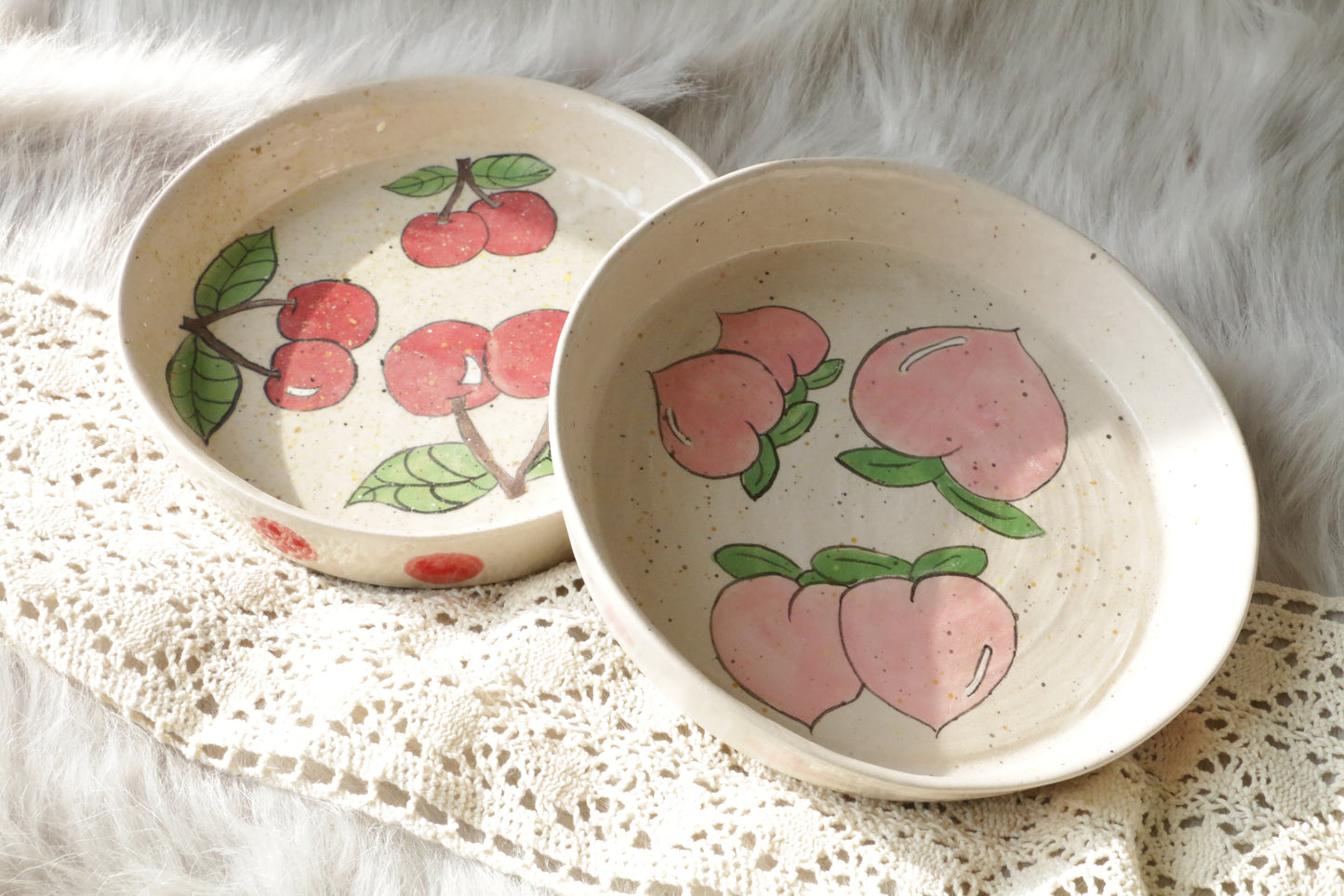 Handpainted Cherry&Peach Ceramic Dinner Plate, Handmade Personalized Pottery Dinnerware