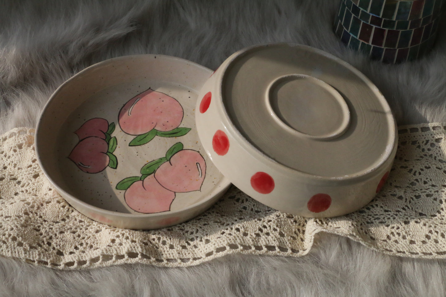 Handpainted Cherry&Peach Ceramic Dinner Plate, Handmade Personalized Pottery Dinnerware