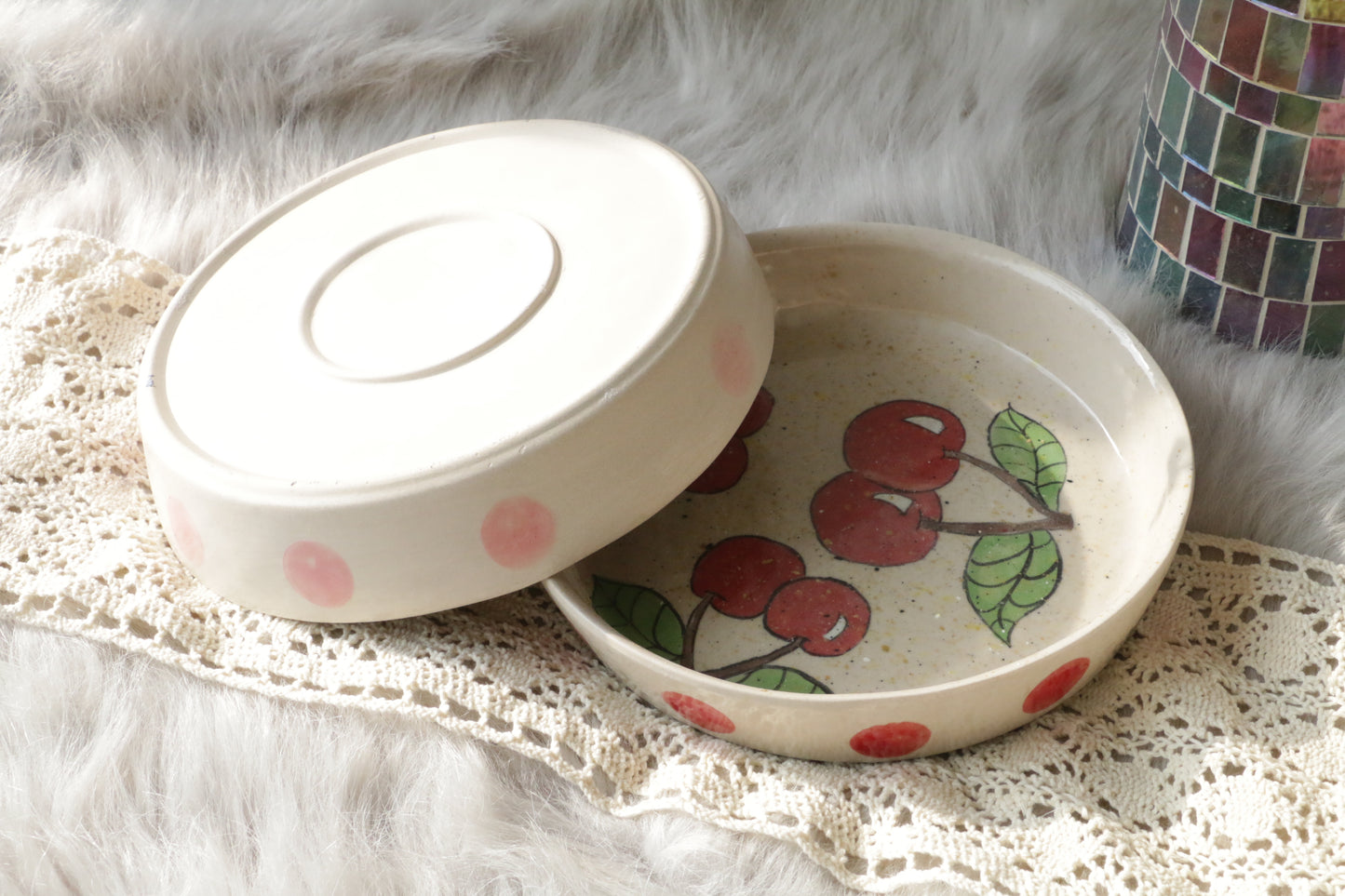 Handpainted Cherry&Peach Ceramic Dinner Plate, Handmade Personalized Pottery Dinnerware