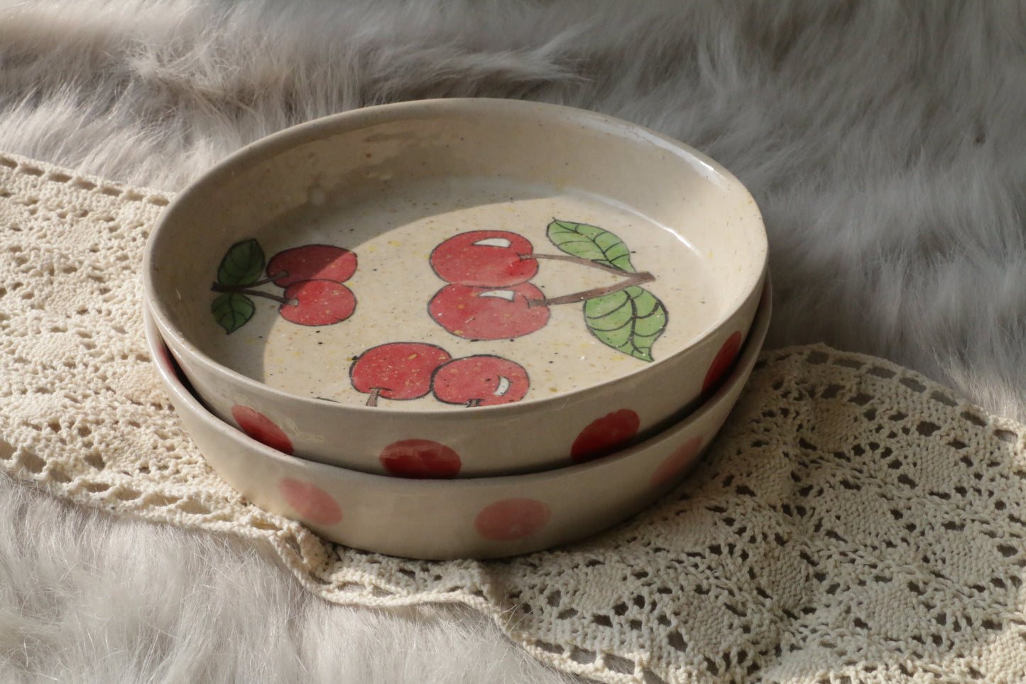 Handpainted Cherry&Peach Ceramic Dinner Plate, Handmade Personalized Pottery Dinnerware