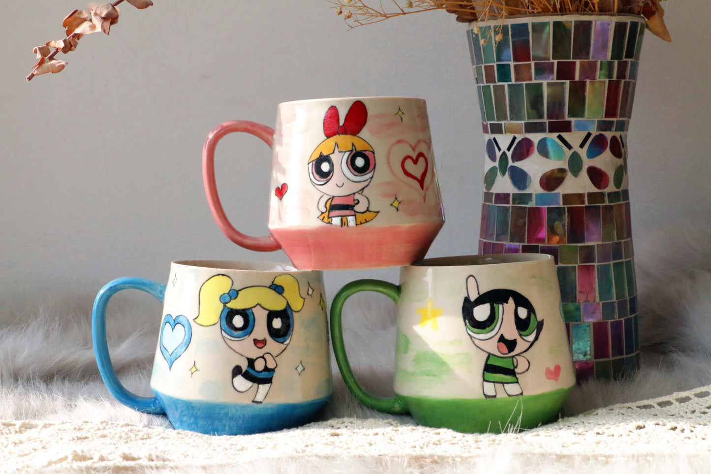 Powerpuff Girls Ceramic Mugs, Kawaii Handpainted Personalized Ceramic Cup for Anime Lovers