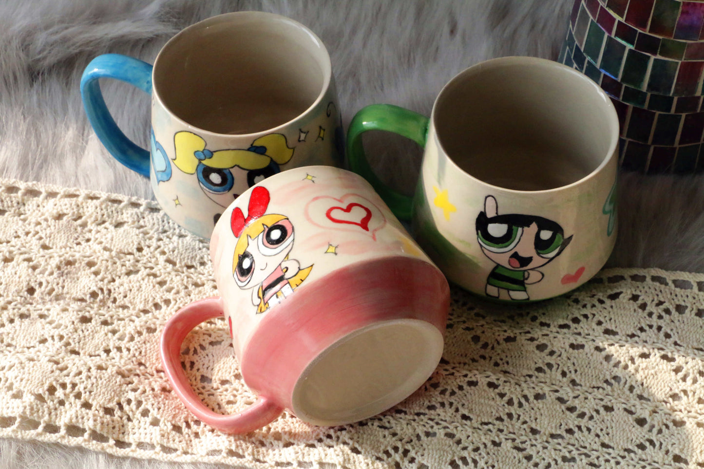 Powerpuff Girls Ceramic Mugs, Kawaii Handpainted Personalized Ceramic Cup for Anime Lovers