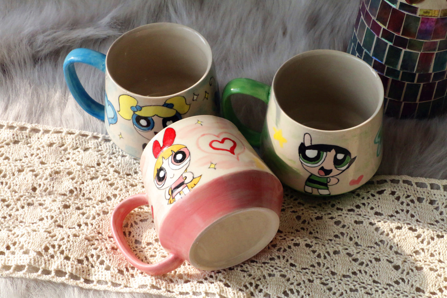 Powerpuff Girls Ceramic Mugs, Kawaii Handpainted Personalized Ceramic Cup for Anime Lovers