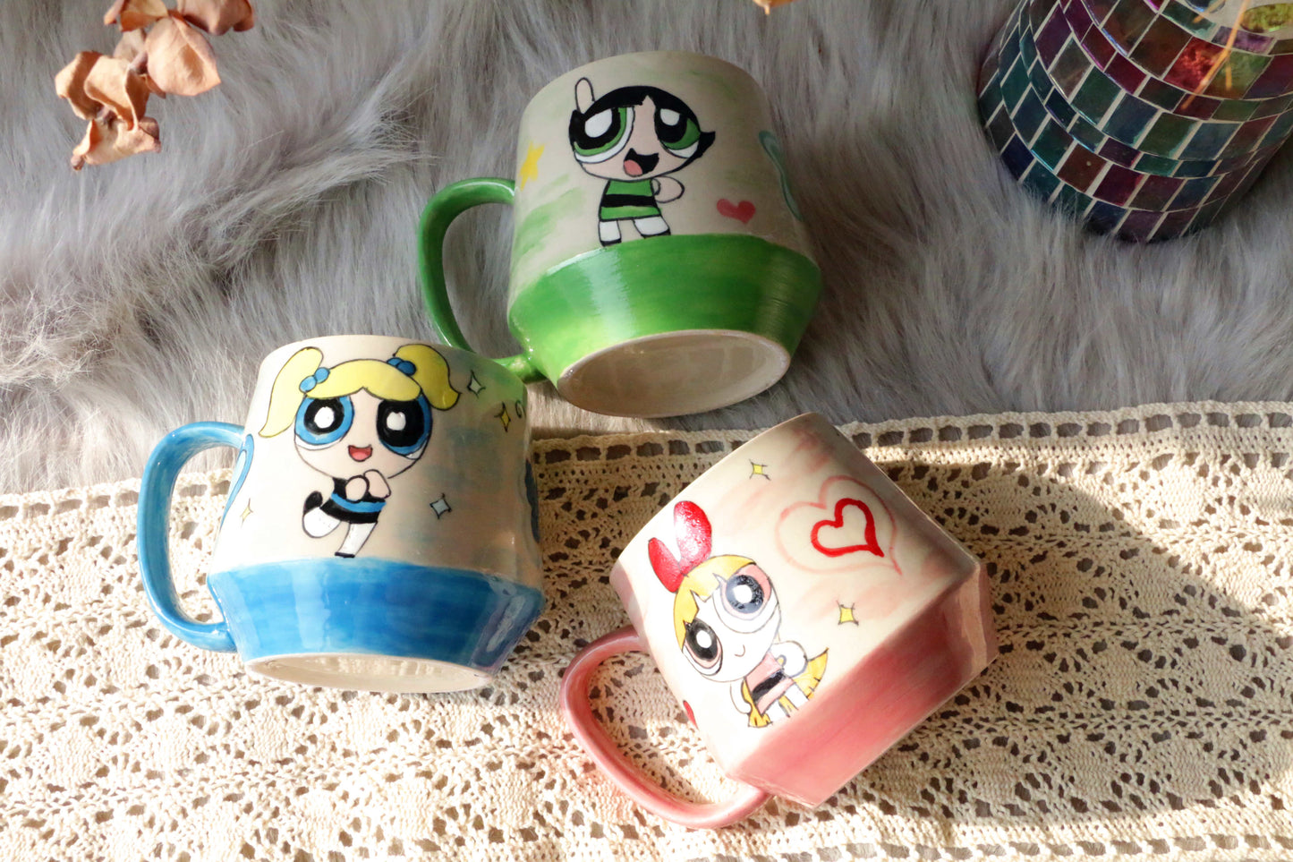 Powerpuff Girls Ceramic Mugs, Kawaii Handpainted Personalized Ceramic Cup for Anime Lovers