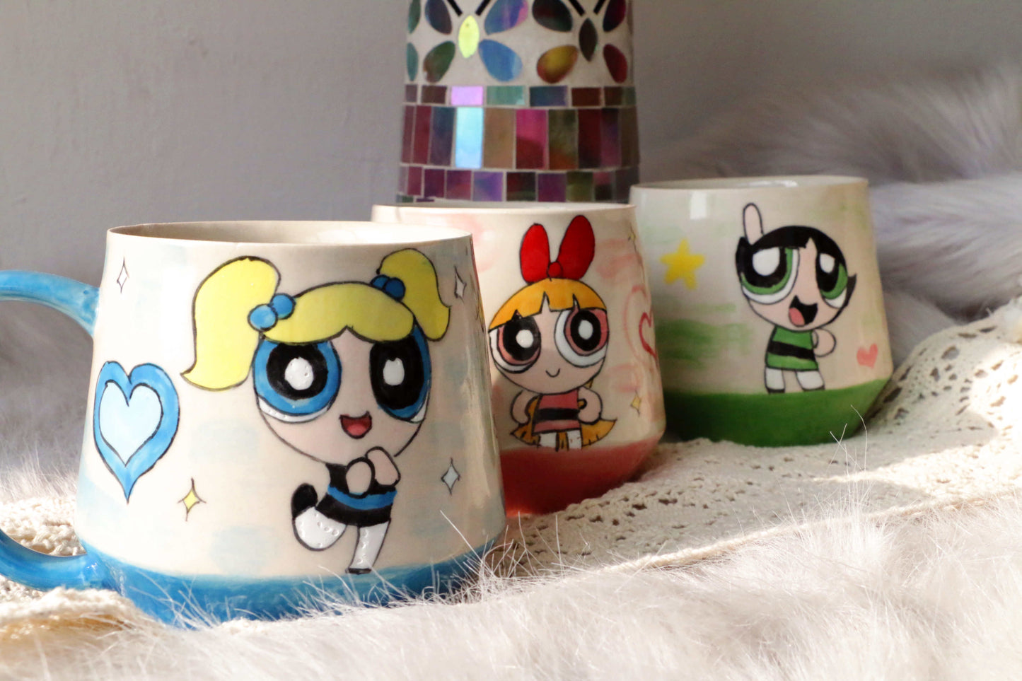 Powerpuff Girls Ceramic Mugs, Kawaii Handpainted Personalized Ceramic Cup for Anime Lovers