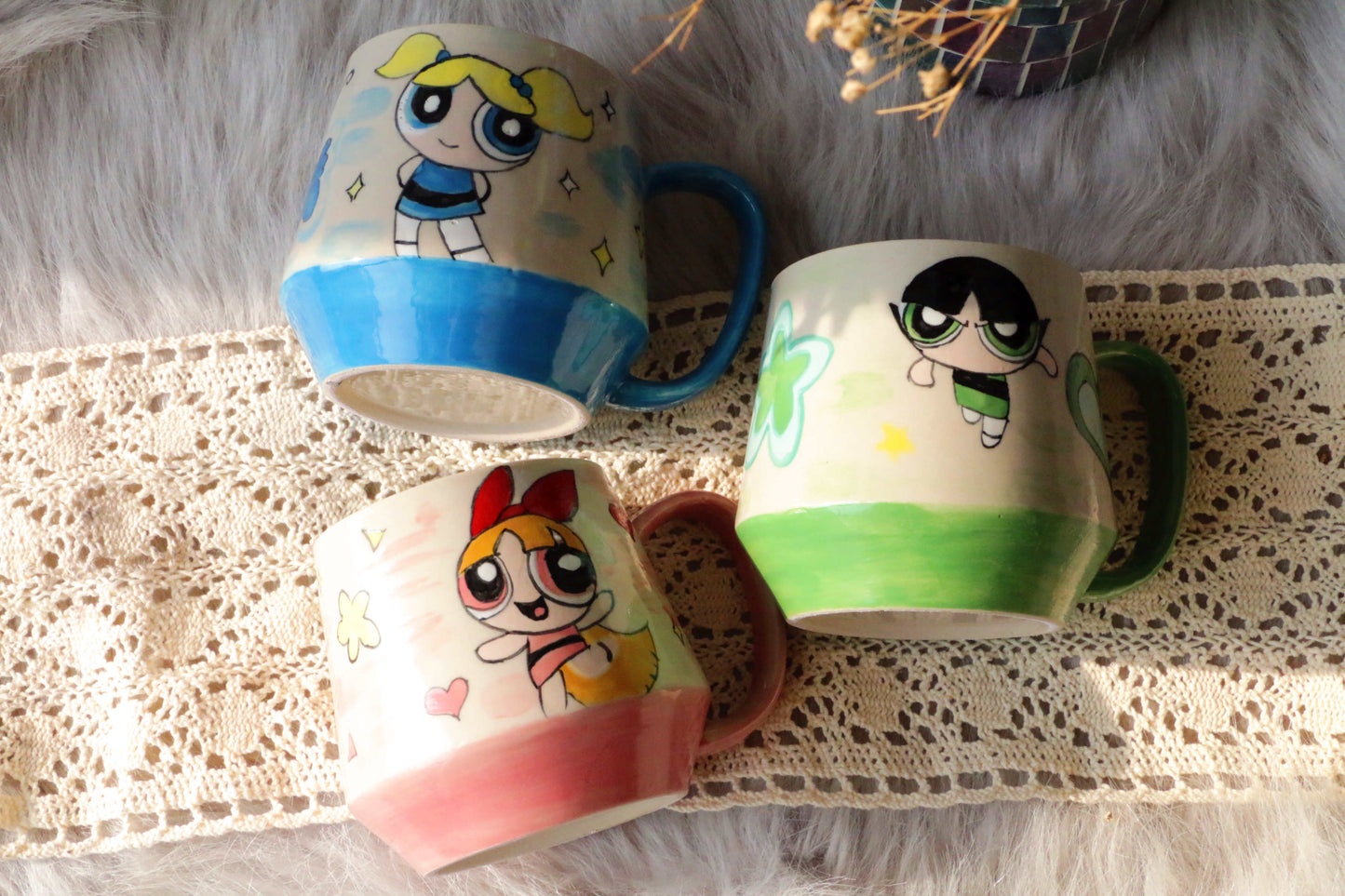 Powerpuff Girls Ceramic Mugs, Kawaii Handpainted Personalized Ceramic Cup for Anime Lovers