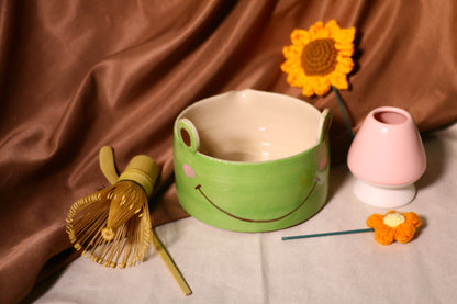 Cute Frog Ceramic Matcha Bowl Set, Custom Hand-painted Matcha Bowl