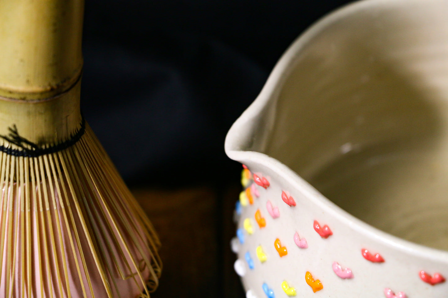 Kawaii Ceramic Matcha Bowl with Handmade 3D Colorful Hearts Design