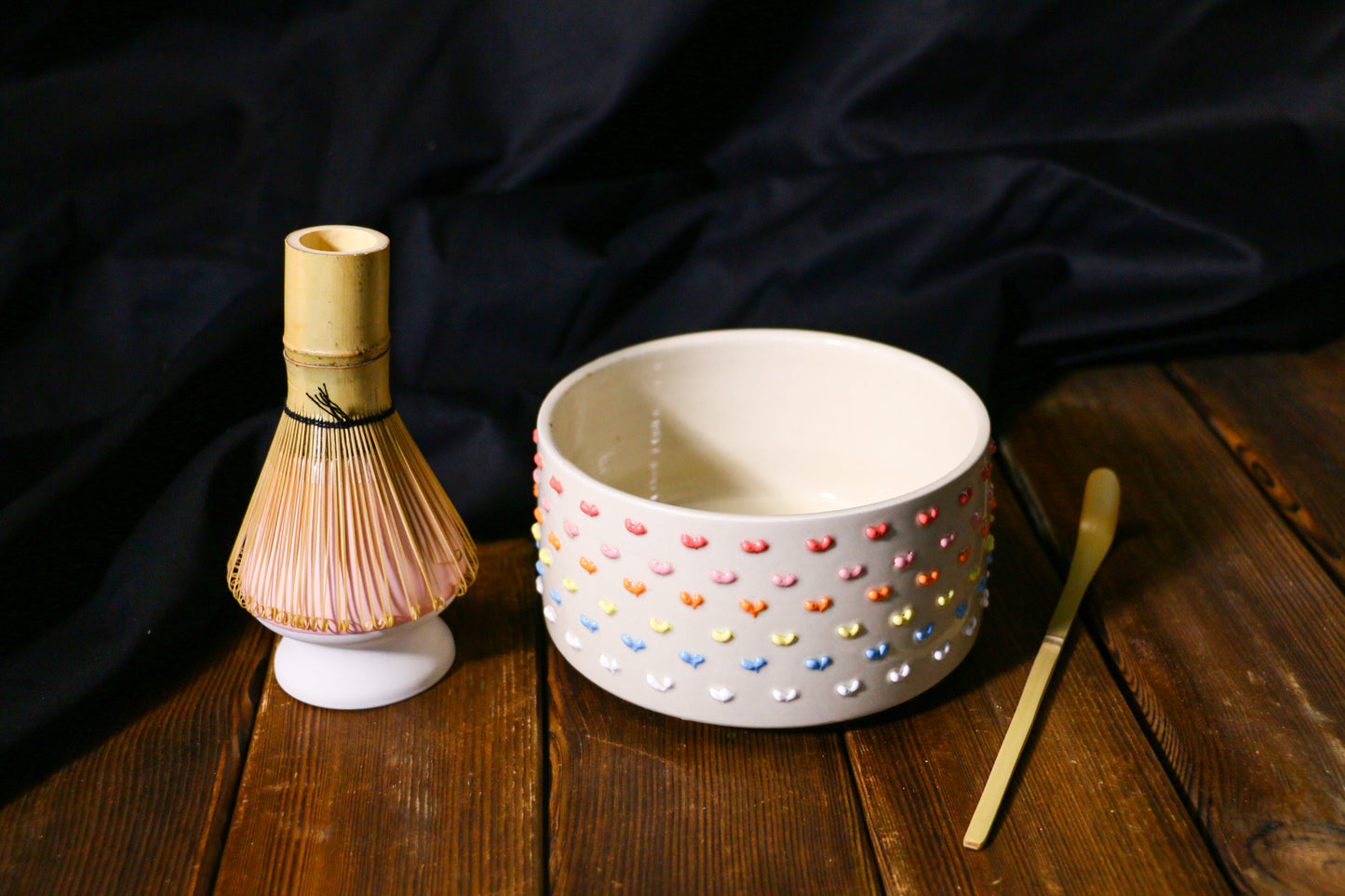 Kawaii Ceramic Matcha Bowl with Handmade 3D Colorful Hearts Design