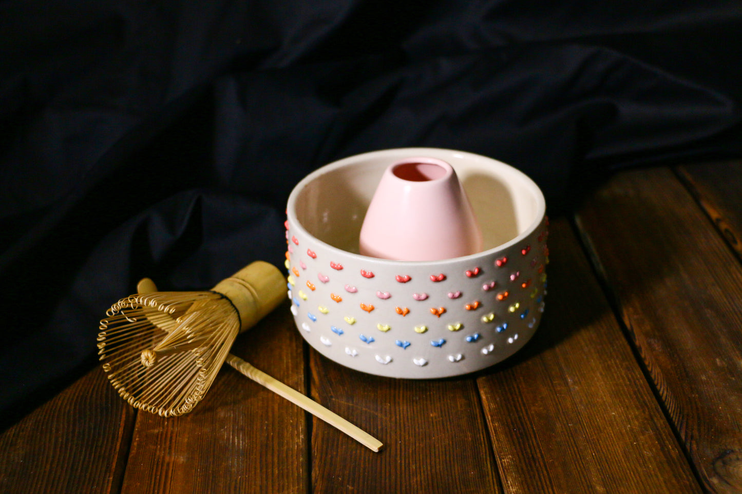 Kawaii Ceramic Matcha Bowl with Handmade 3D Colorful Hearts Design