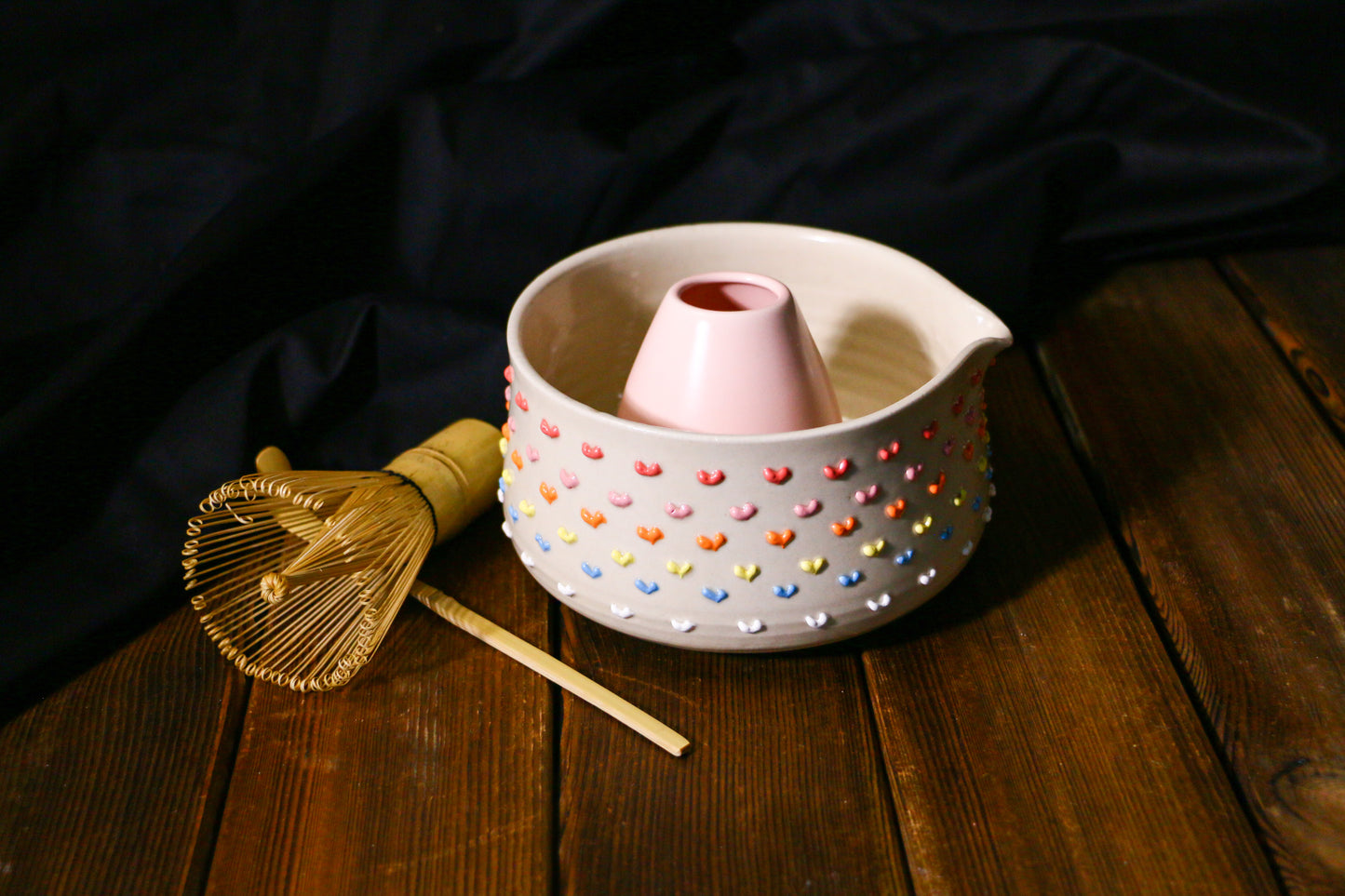 Kawaii Ceramic Matcha Bowl with Handmade 3D Colorful Hearts Design