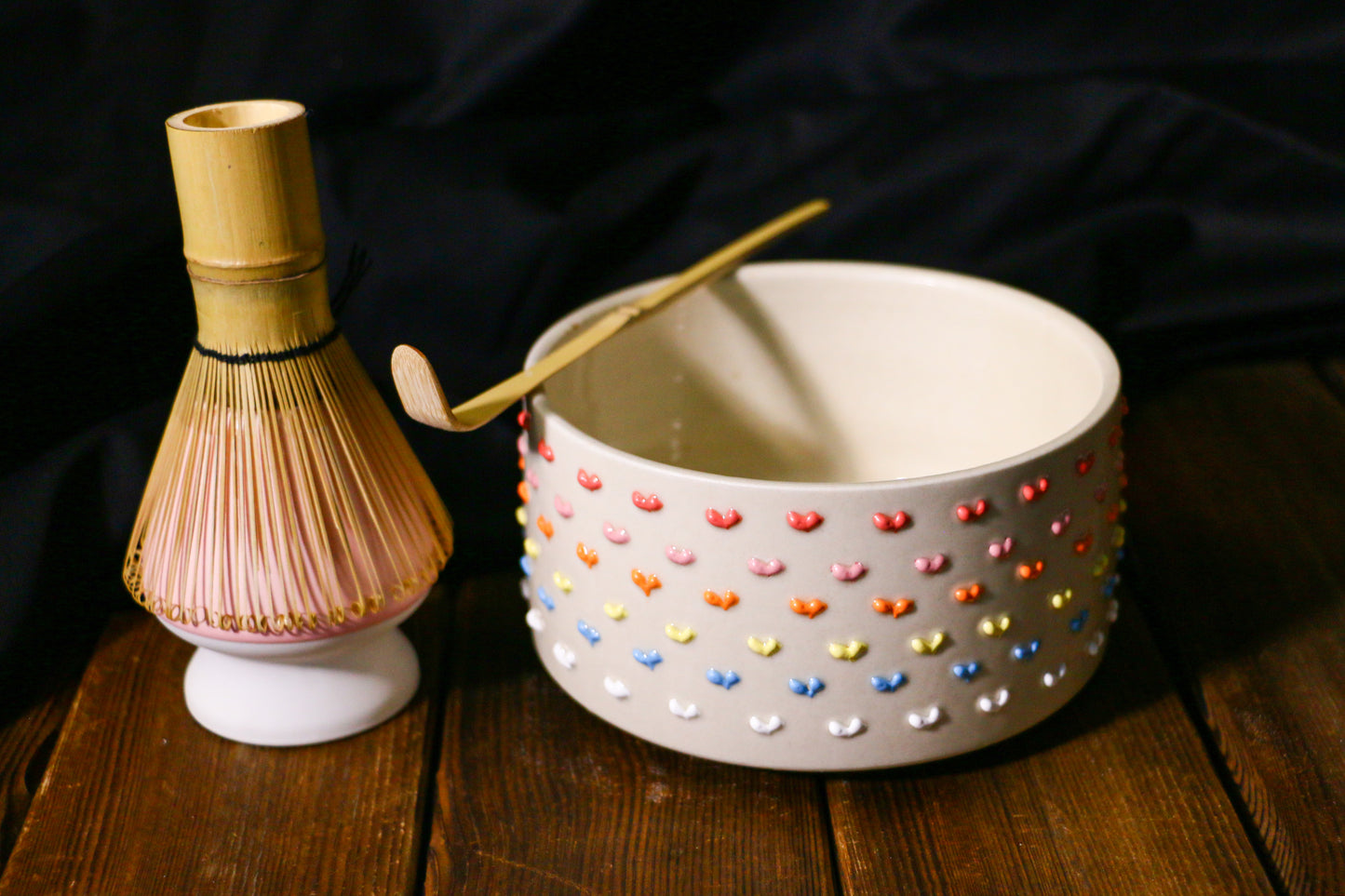 Kawaii Ceramic Matcha Bowl with Handmade 3D Colorful Hearts Design