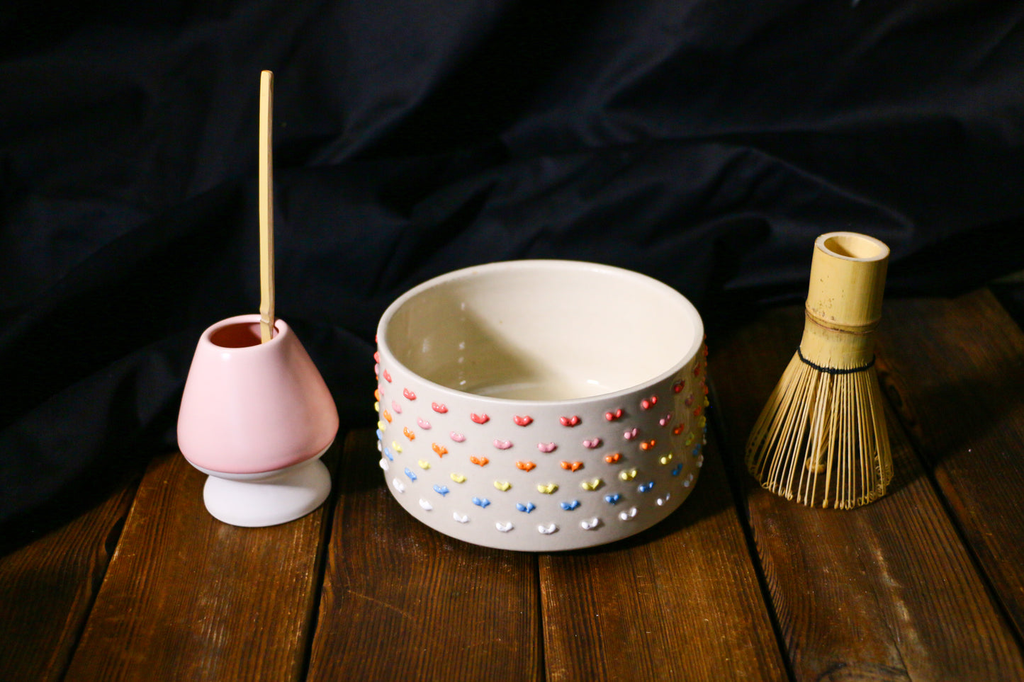 Kawaii Ceramic Matcha Bowl with Handmade 3D Colorful Hearts Design