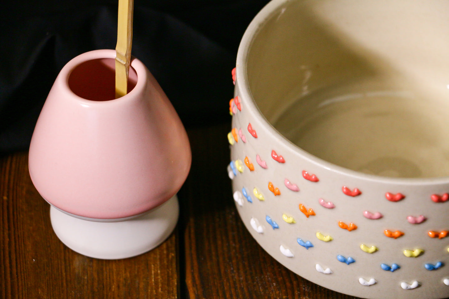 Kawaii Ceramic Matcha Bowl with Handmade 3D Colorful Hearts Design