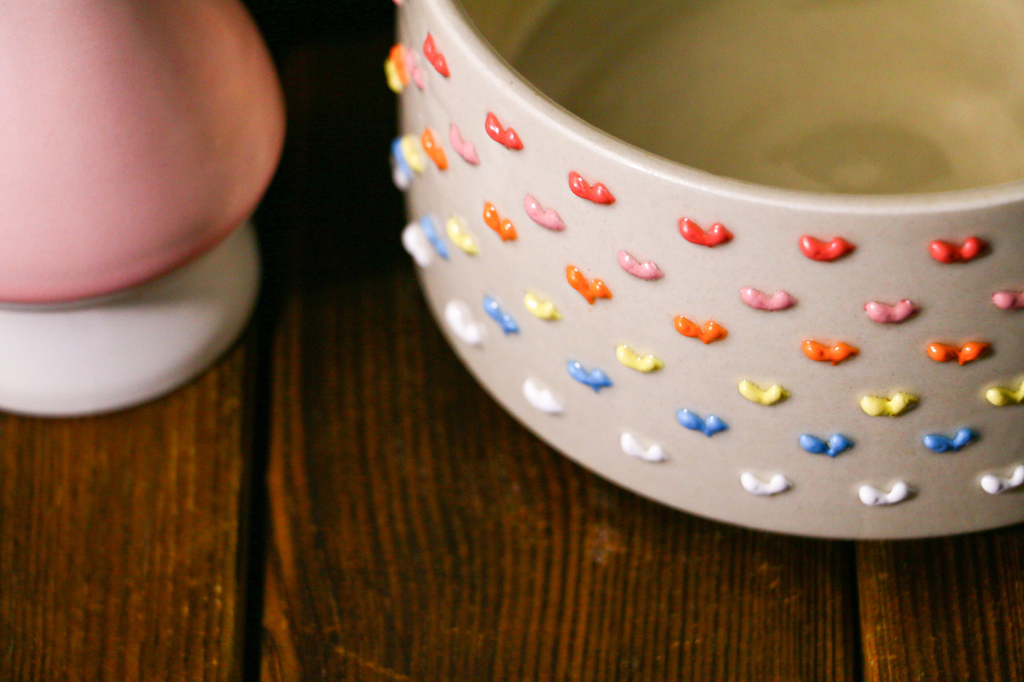 Kawaii Ceramic Matcha Bowl with Handmade 3D Colorful Hearts Design